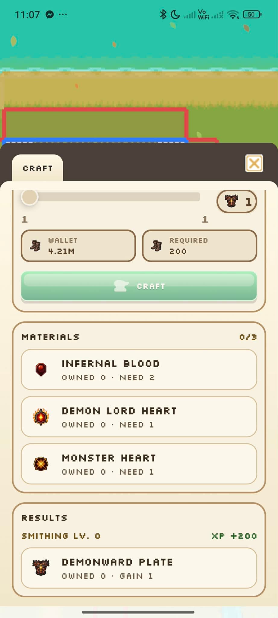 Step Conquest smithing craft screen with crafting materials