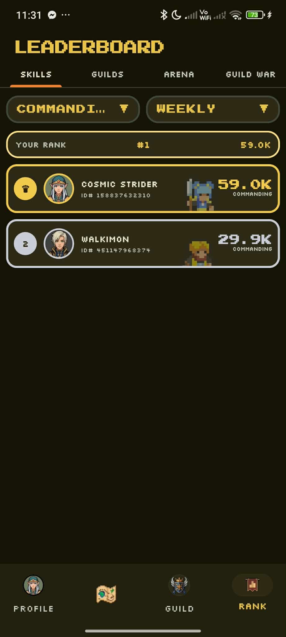 Leaderboard preview showing skill rankings, guild tabs, arena, guild war, and weekly progress competition.